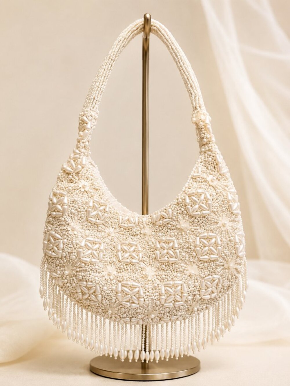 Beautiful Ivory Beaded Handbag Wedding Made in India Party Fringe Bottom NEW NWT